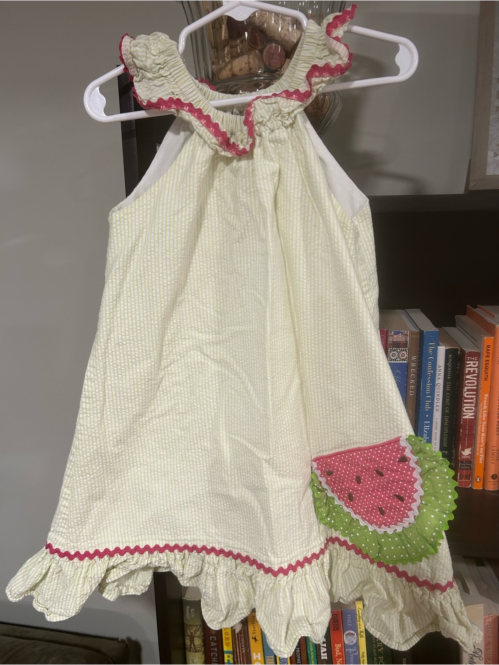 Girls Shrimp and Grits Cream Seersucker Watermelon Appliqué Dress